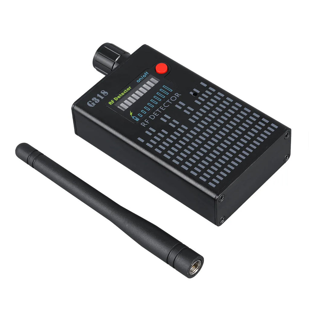 Black G318 hidden camera detector with aluminium alloy body and compact design
