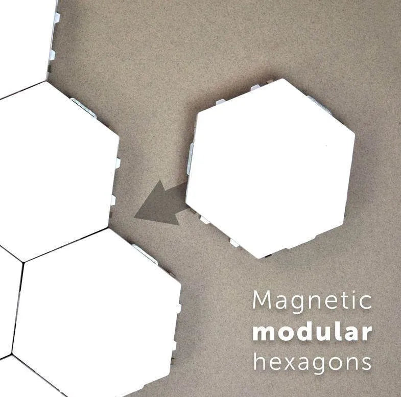 Helios modular honeycomb touch wall lamp showing geometric LED light panels arranged on wall