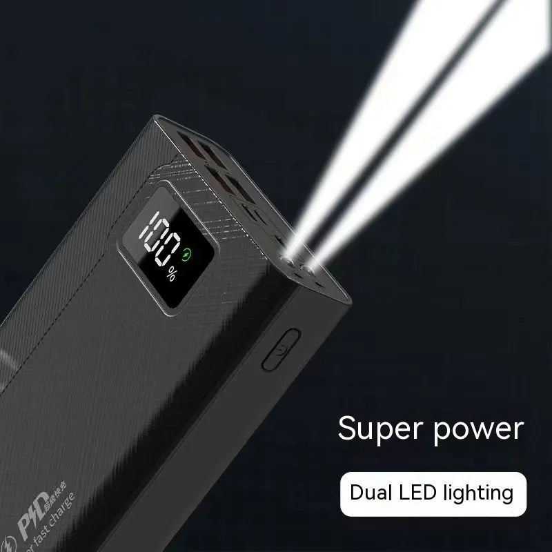 Black and white large capacity fast charging power bank with dimensions 150x76mm