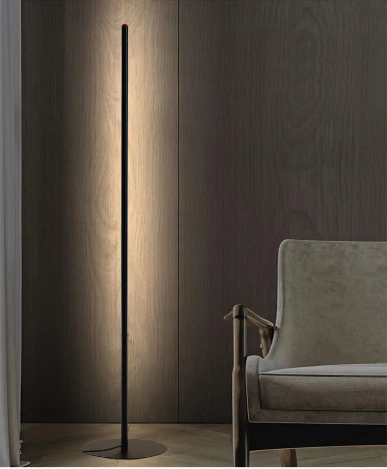 Vertical aluminium alloy floor lamp with a simple modern design and USB plug.
