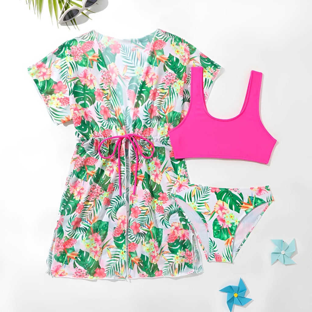 Girls' two-piece floral swimsuit briefs set in polyester fabric for swimming sports