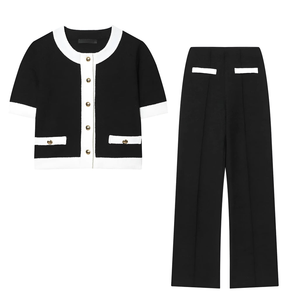 Polyester street fashion suit with beaded leather round neck top and high-waisted stretch trousers