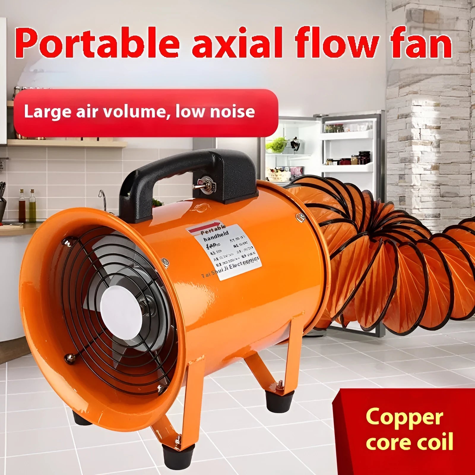 Portable titanium steel 8-inch axial flow industrial fan with a 5-metre air duct.