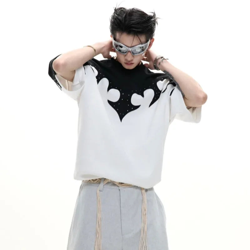 Men's cotton shirt with burnt flower embroidery and rhinestone detailing on chest, available in red, white, grey colours.