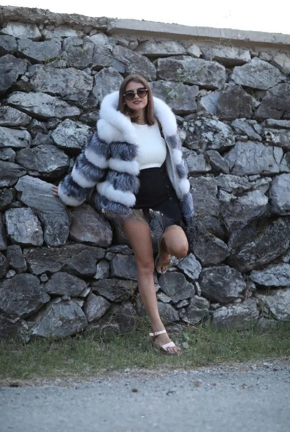 Women's artificial fur hooded coat in street fashion style showing medium 65cm length