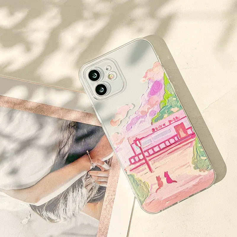Soft silicone mobile phone case with colourful cartoon two cat design for iPhone models