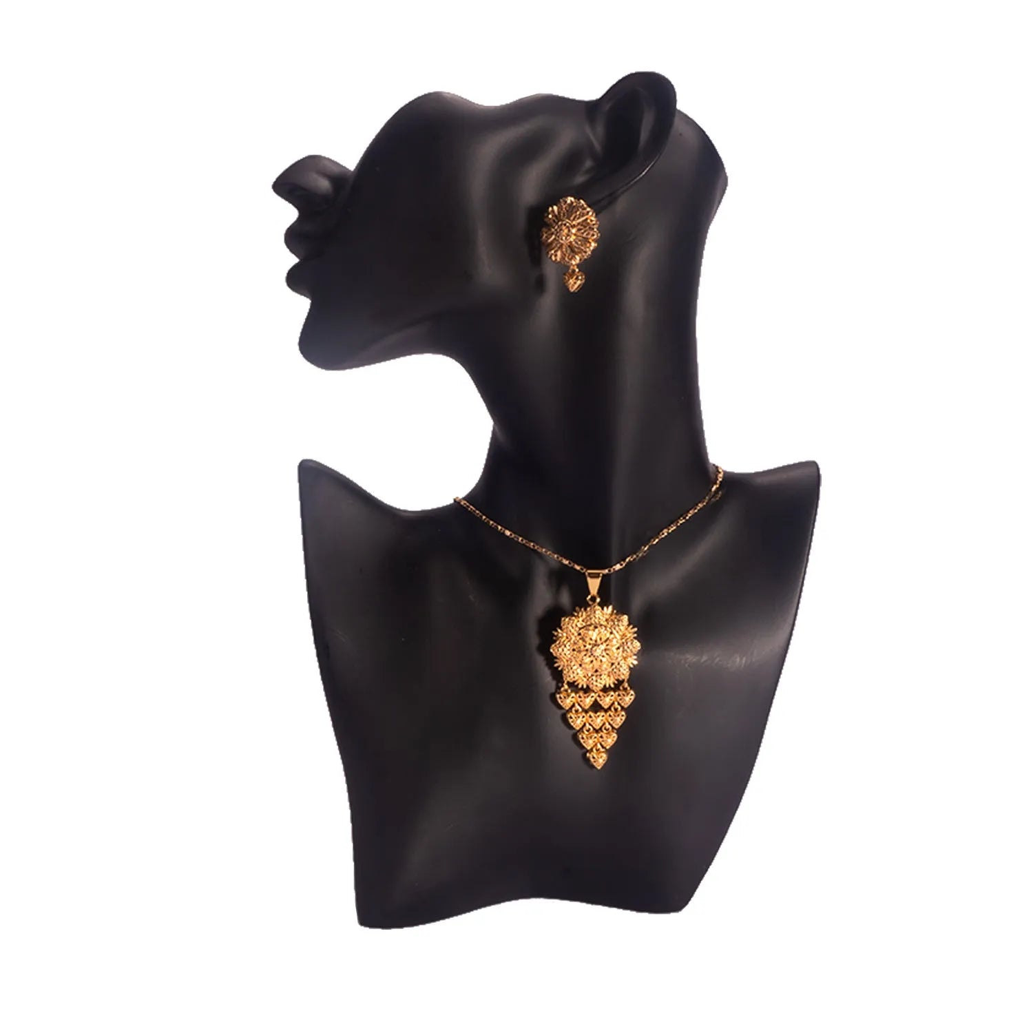 Bride's 24k gold-plated copper necklace and earrings jewelry set two-piece yellow gold tone