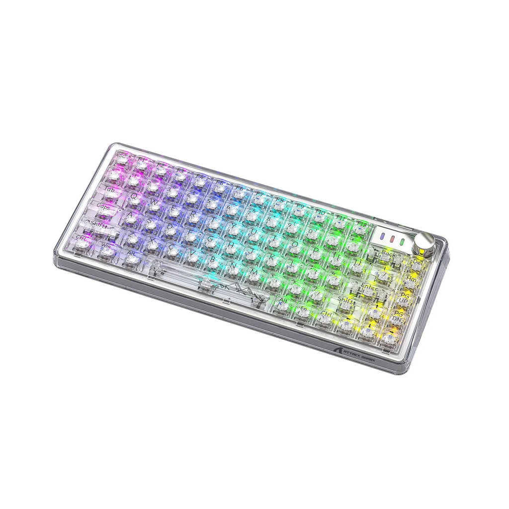 Attack Shark K75 RGB transparent mechanical keyboard showing lighting through polycarbonate housing