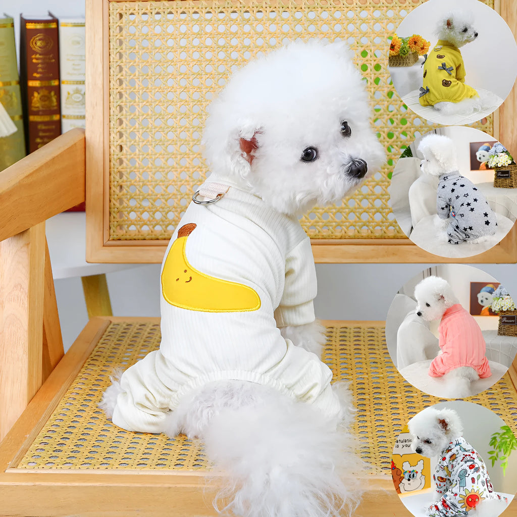 Pet belly-wrap four-legged polyester outfit in various colours including banana, Halloween, and Christmas patterns