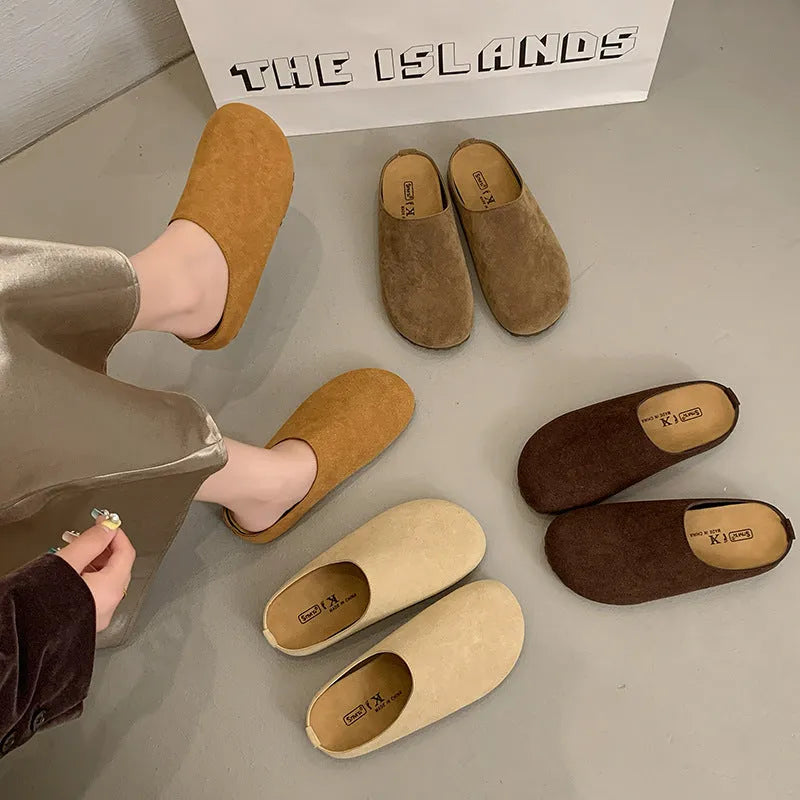 Korean style microfiber slip-on slippers with square toe in apricot colour