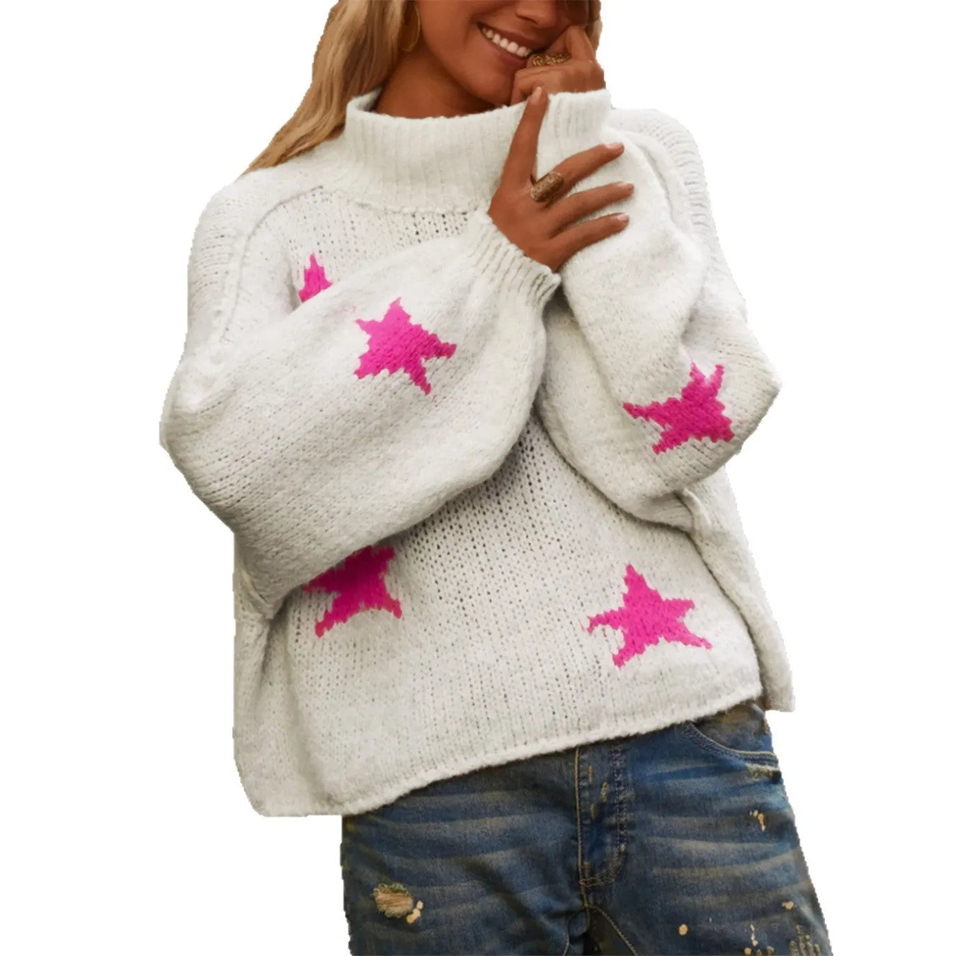 White women's loose turtleneck pullover sweater with a thick imitation velvet fabric and a contrast colour five-pointed star pattern.