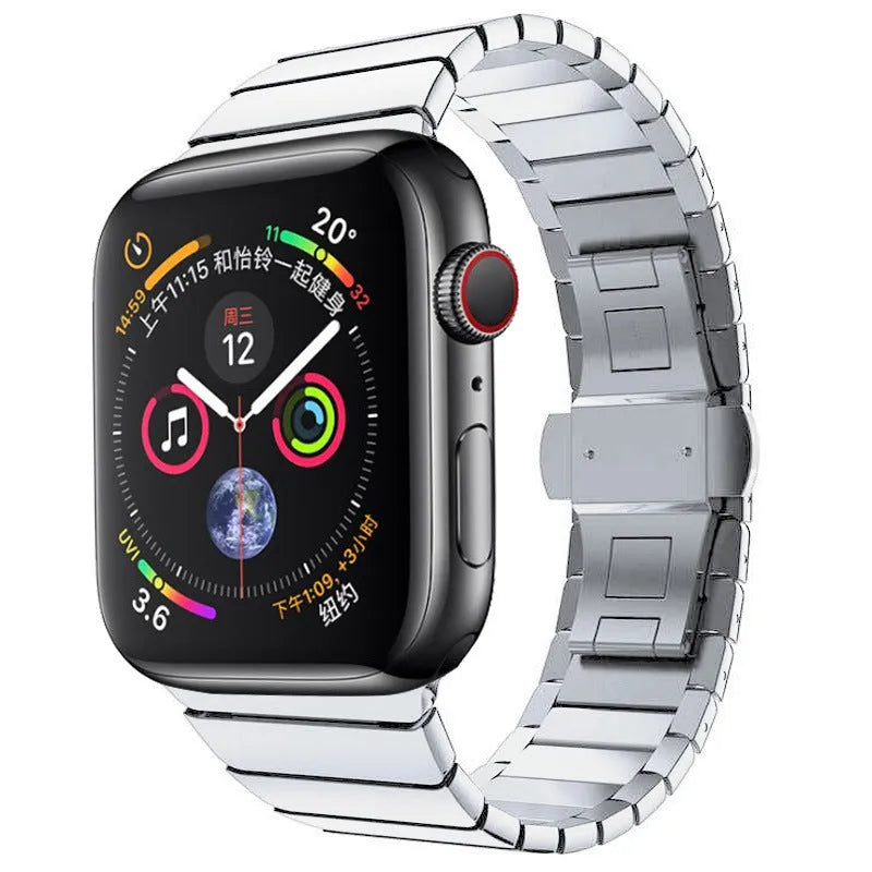 Silver stainless steel metal chain strap with butterfly buckle for Apple Watch