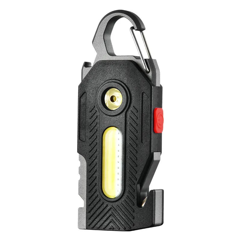 Multifunctional charging emergency light in black with COB and LED panels, mountaineering buckle, and bottle opener