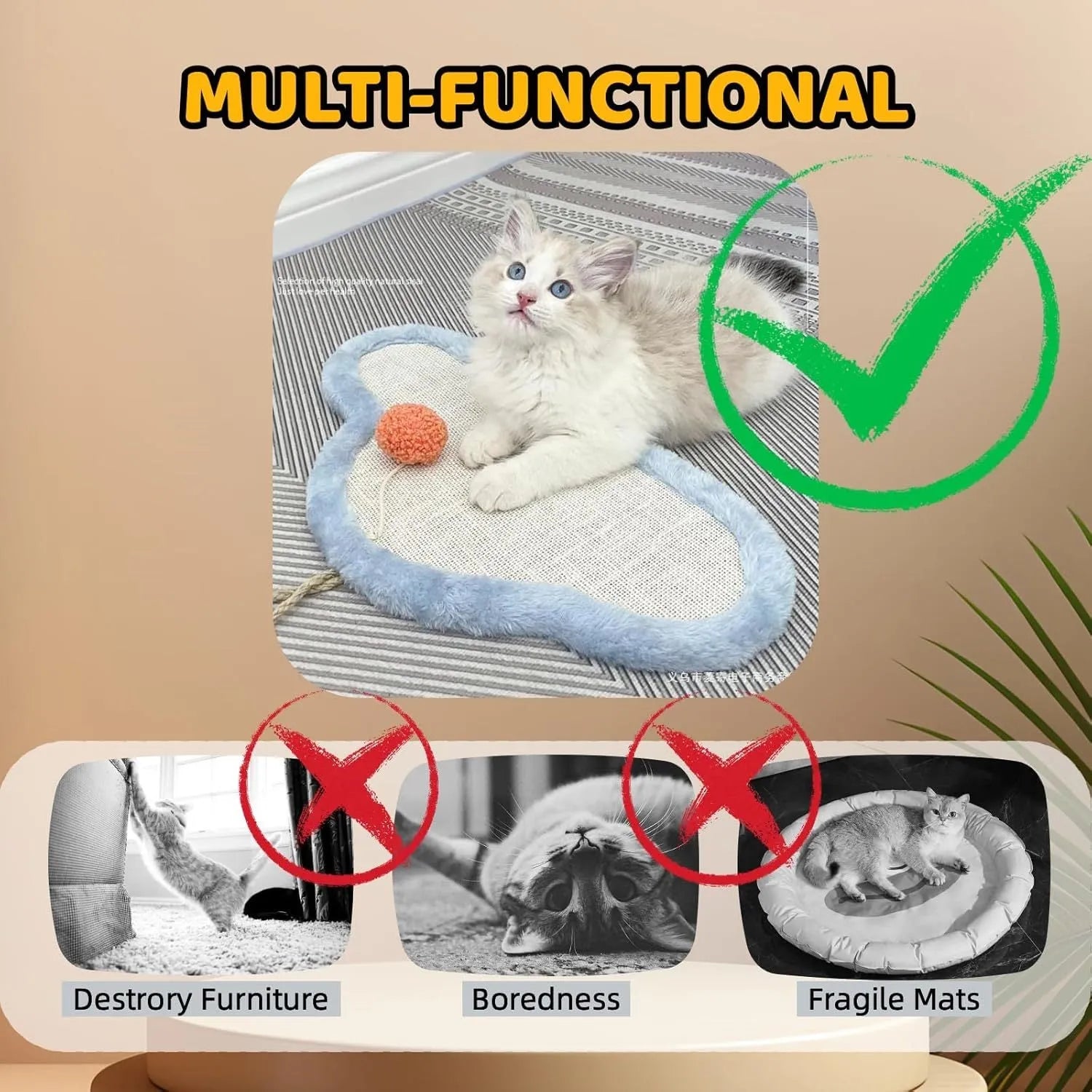 White cat scratching mat with sleeping cat cartoon pattern, natural sisal surface, wall mounted design
