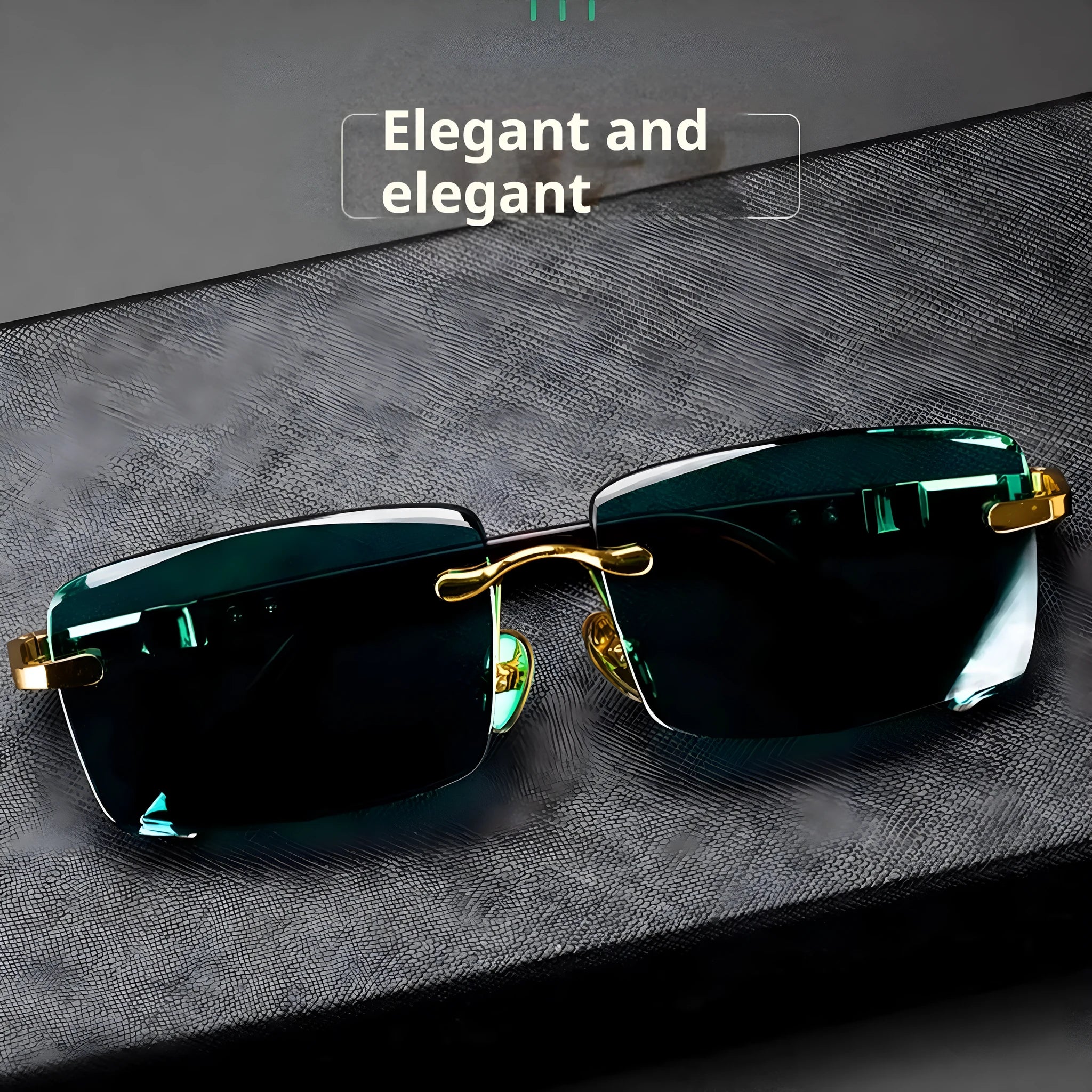Frameless sunglasses with dark green tinted lenses lying on a hard protective case with a microfiber cloth.