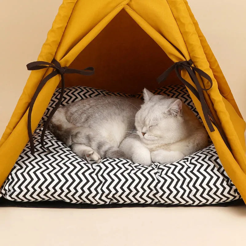 Sunset yellow cloth cat bed tent semi-enclosed with removable cover for washing, suitable for indoor cats