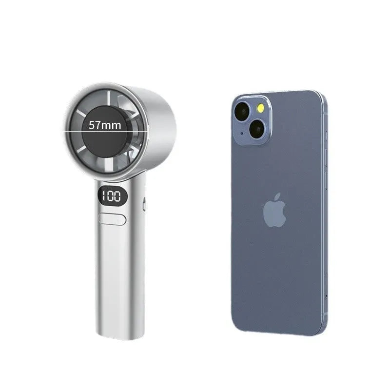 Compact white handheld USB fan with 6 plastic blades on a stand.