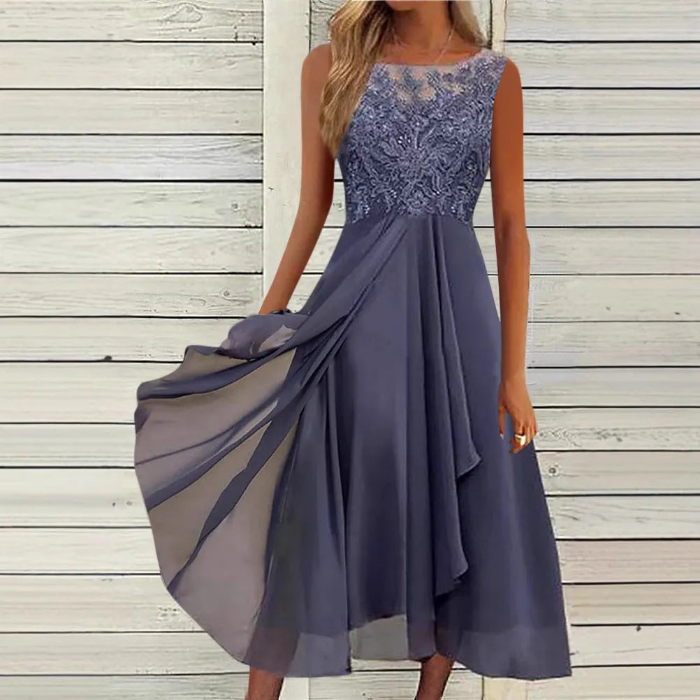 Women's sleeveless chiffon dress with hollow-out lace stitching in blue, green or purple colour options
