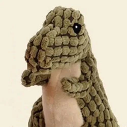 Grey, green and orange dog toys with sound features for bite resistant chewing measuring 35cm