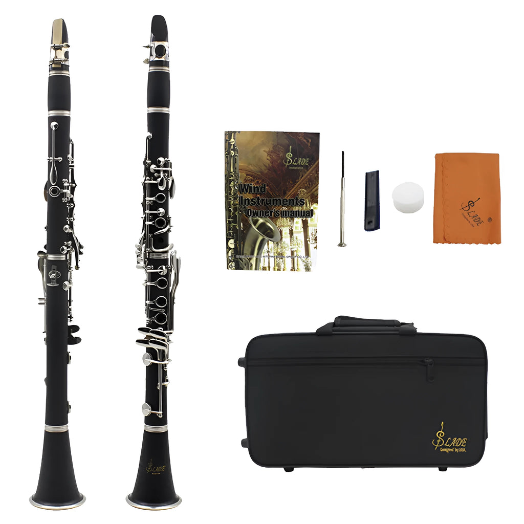 Black bakelite clarinet with 17 nickel keys and a carry bag for beginners.