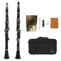 Black bakelite clarinet with 17 nickel keys and a carry bag for beginners.