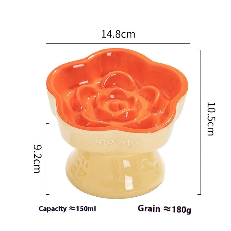 Ceramic anti-tumble pet bowl for dogs and cats with high foot and neck protector.