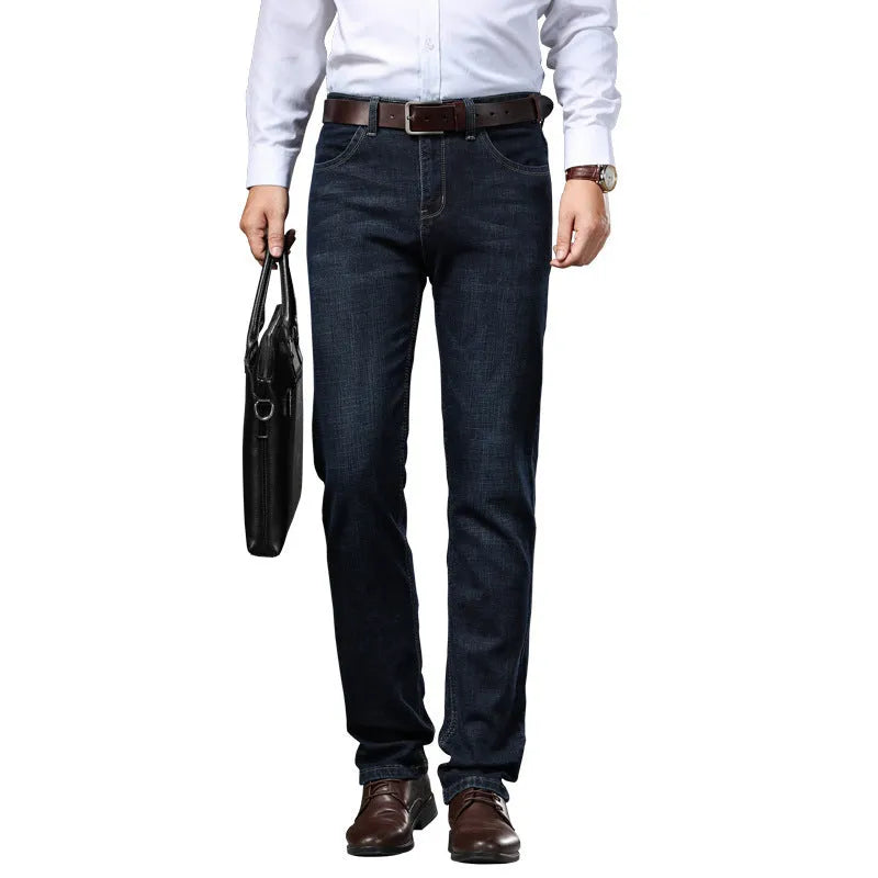 Women's loose fit black stretch jeans with a straight leg and zip fly, shown on a hanger.