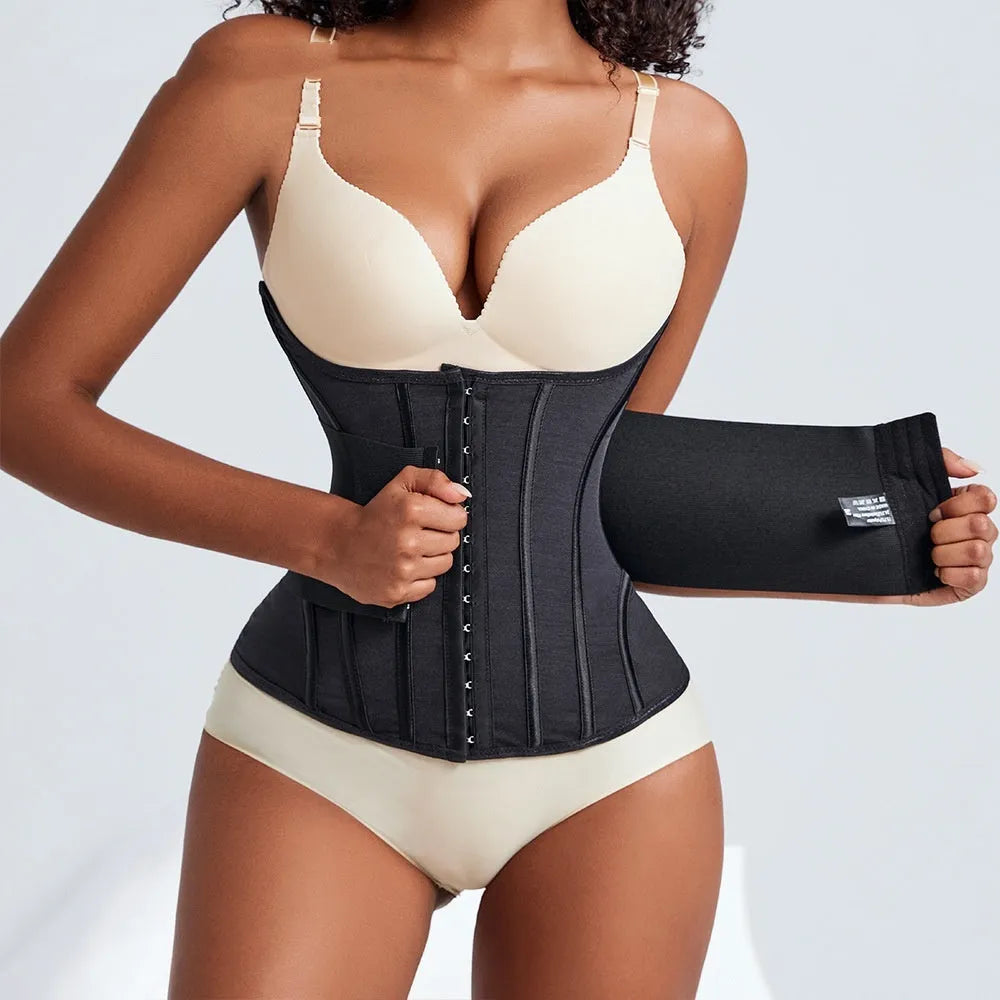 Nylon belly band waist trainer in black, showing adjustable belt tie fastener.