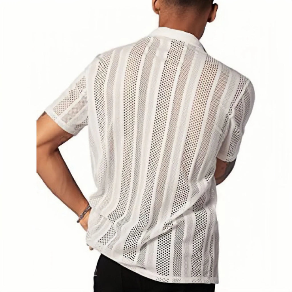 Men's black knitted short-sleeved button shirt with street fashion style and regular fit