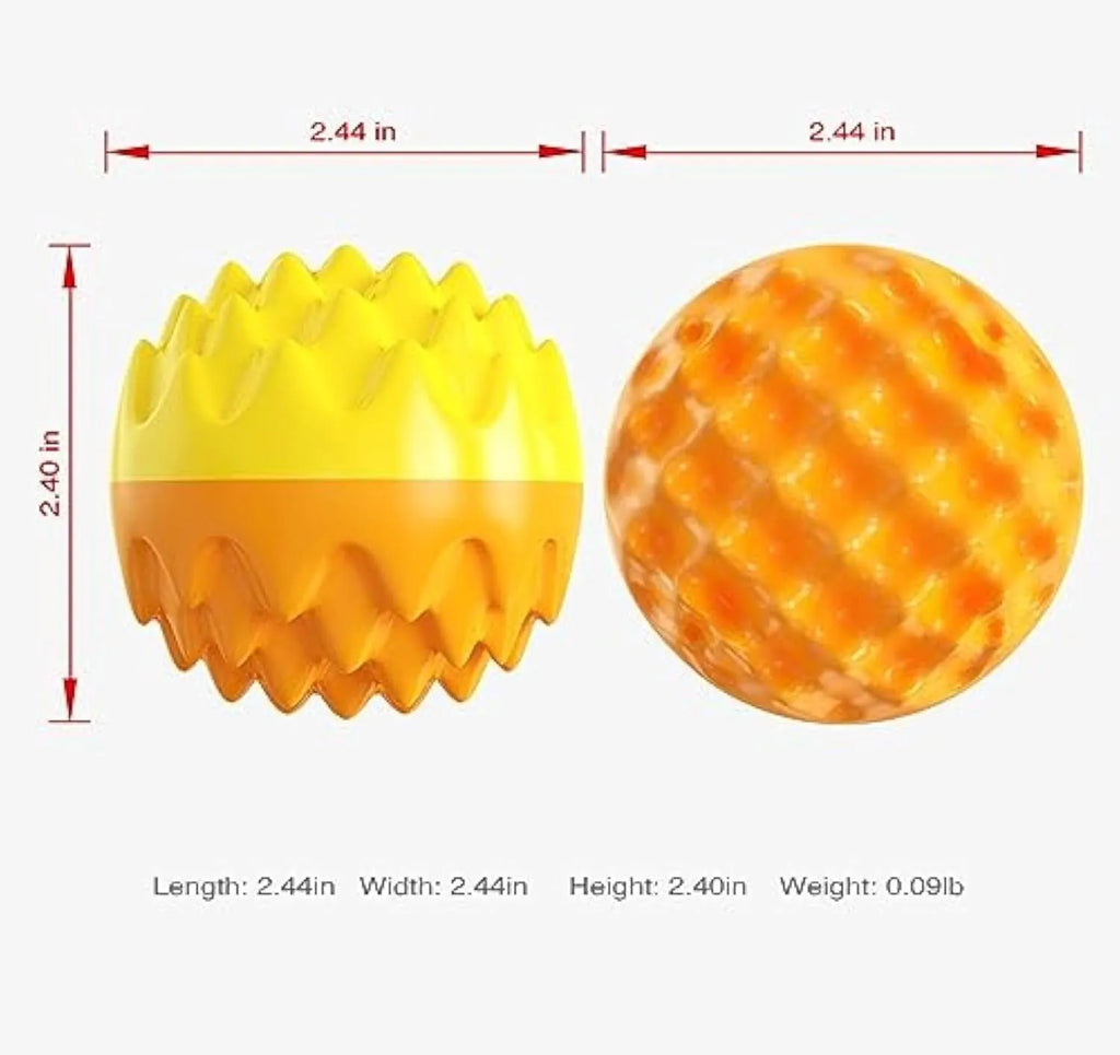 Blue and orange squeaky rubber dog ball with spiky dental cleaning bumps for aggressive chewers