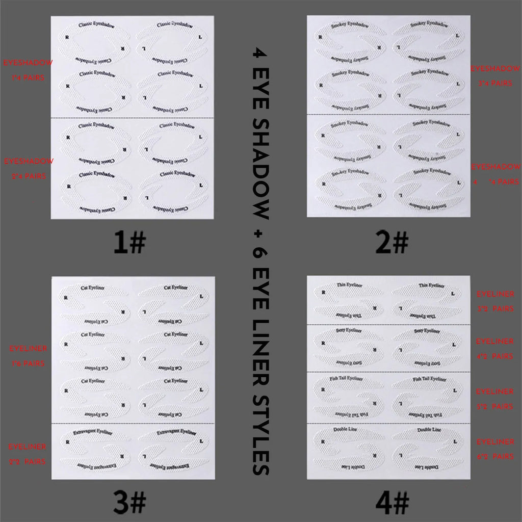 Four reusable flexible eyeliner stencil templates for makeup application on wooden surface