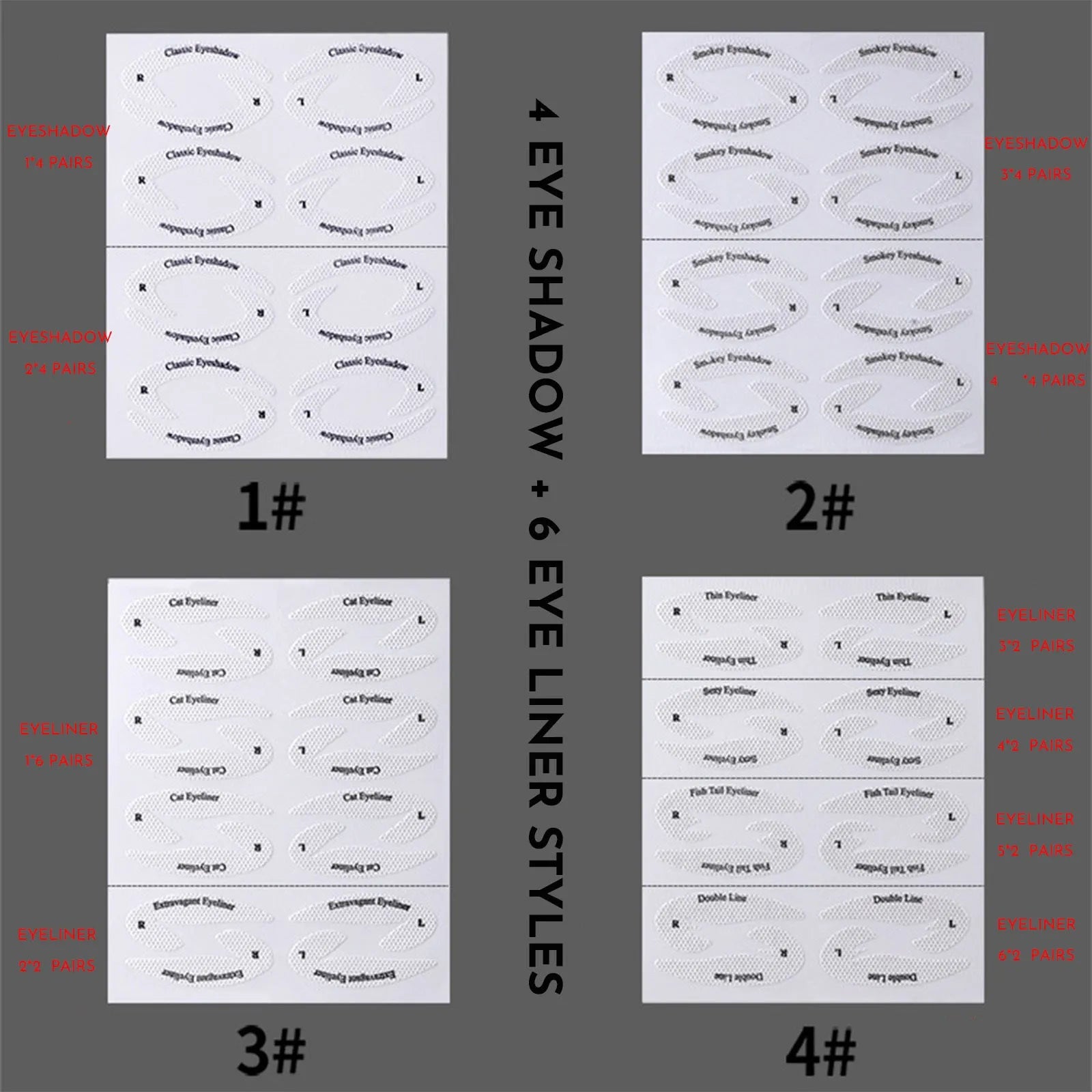 Four reusable flexible eyeliner stencil templates for makeup application on wooden surface