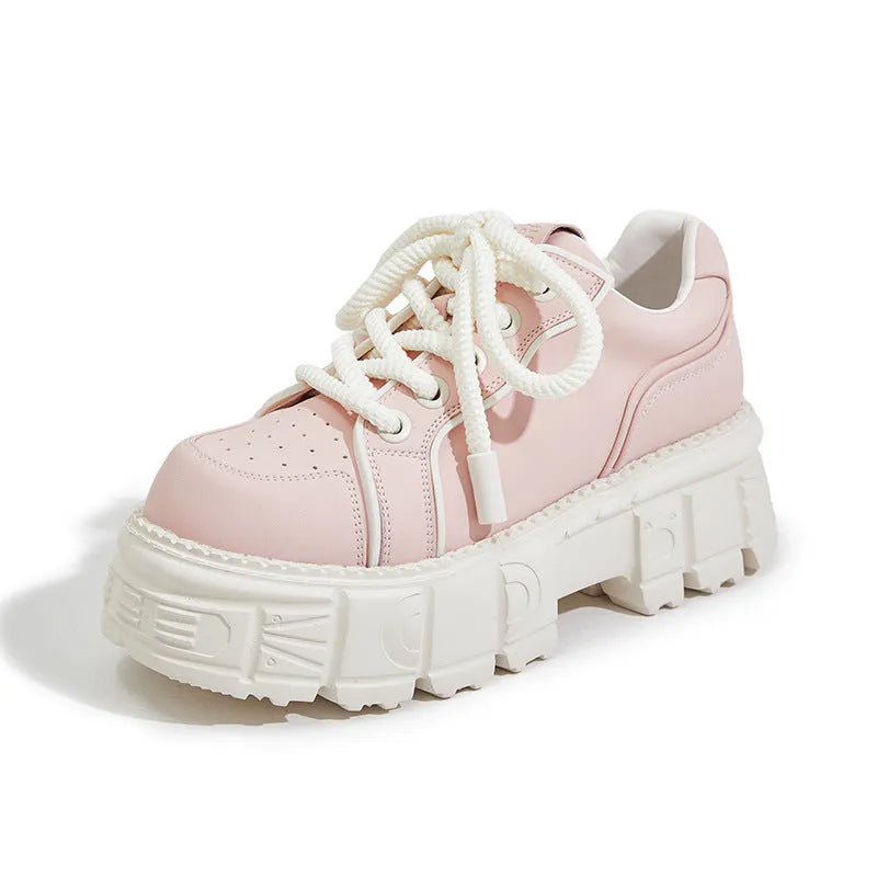 Women's beige platform leather shoes with muffin bottom design and rubber foam sole
