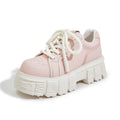 Women's beige platform leather shoes with muffin bottom design and rubber foam sole