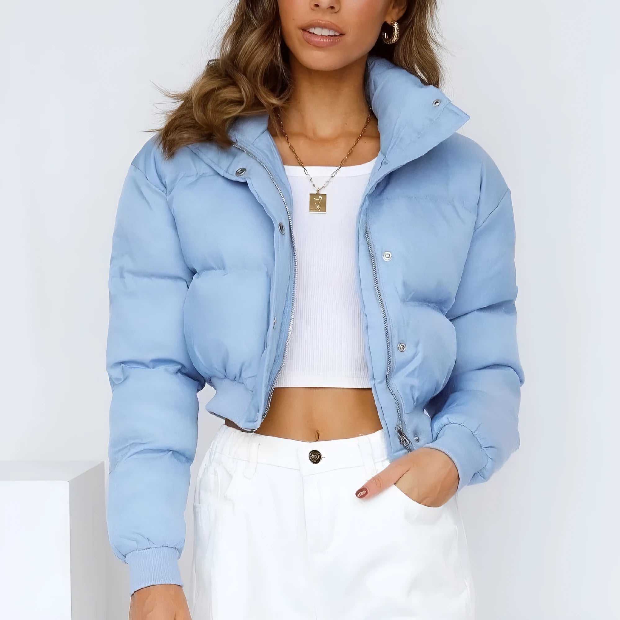 Women's loose polyester jacket in beige, black, blue or milky white colours with regular long sleeves