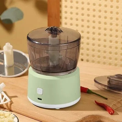 Mini meat grinder in white with 225ml capacity, stainless steel blade, and anti-slip pad