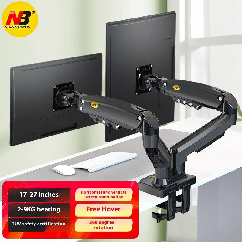 Dual screen computer monitor desktop rack with aluminium alloy bracket and mechanical height adjustment mechanism