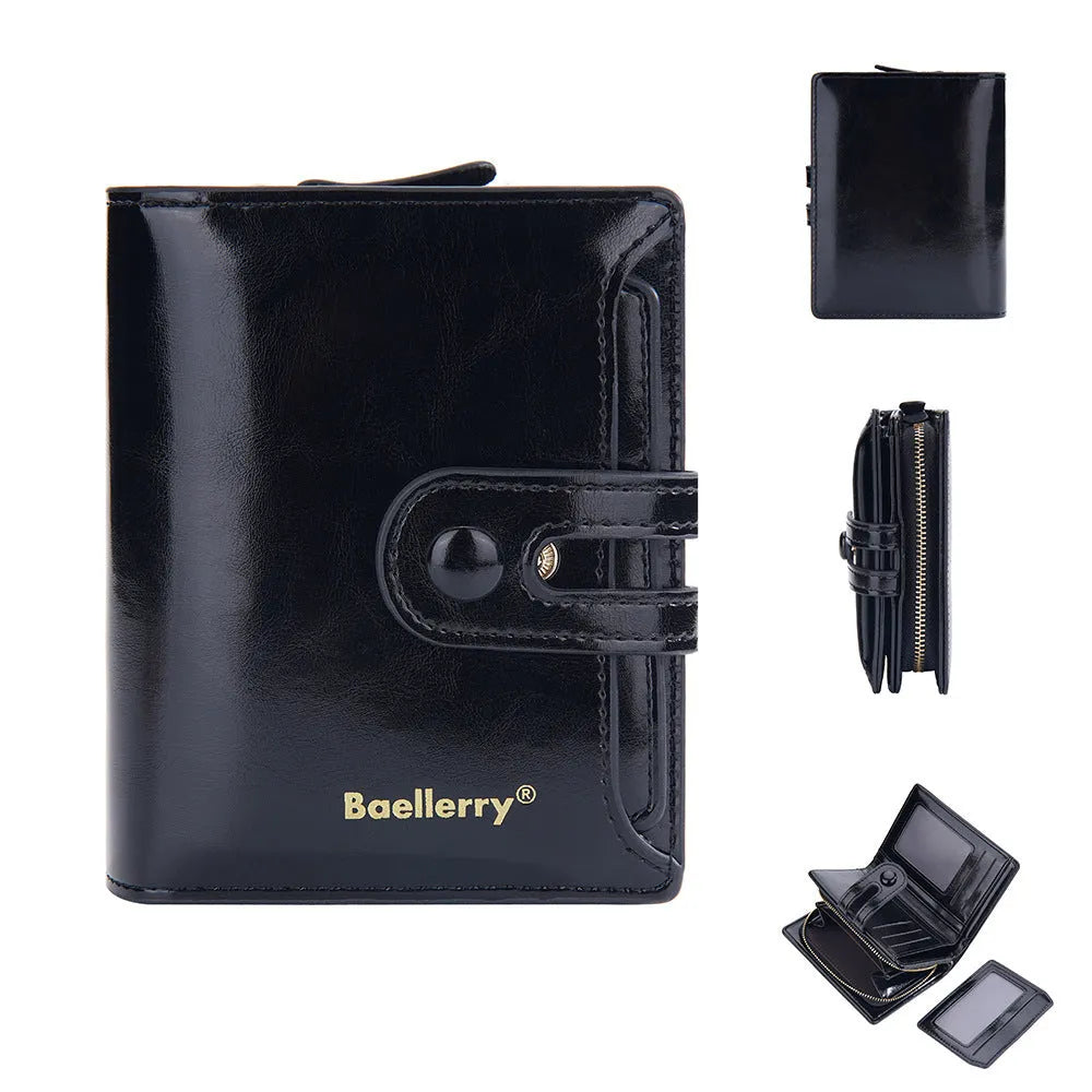Slim black PU leather women's wallet open to show card slots and a zipped coin compartment.