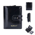 Slim black PU leather women's wallet open to show card slots and a zipped coin compartment.