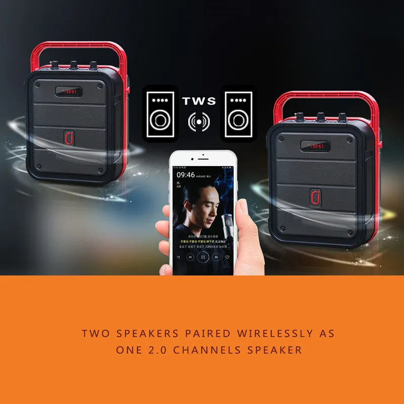MS62AI portable Bluetooth speaker with wireless microphone on a table showing knob controls.