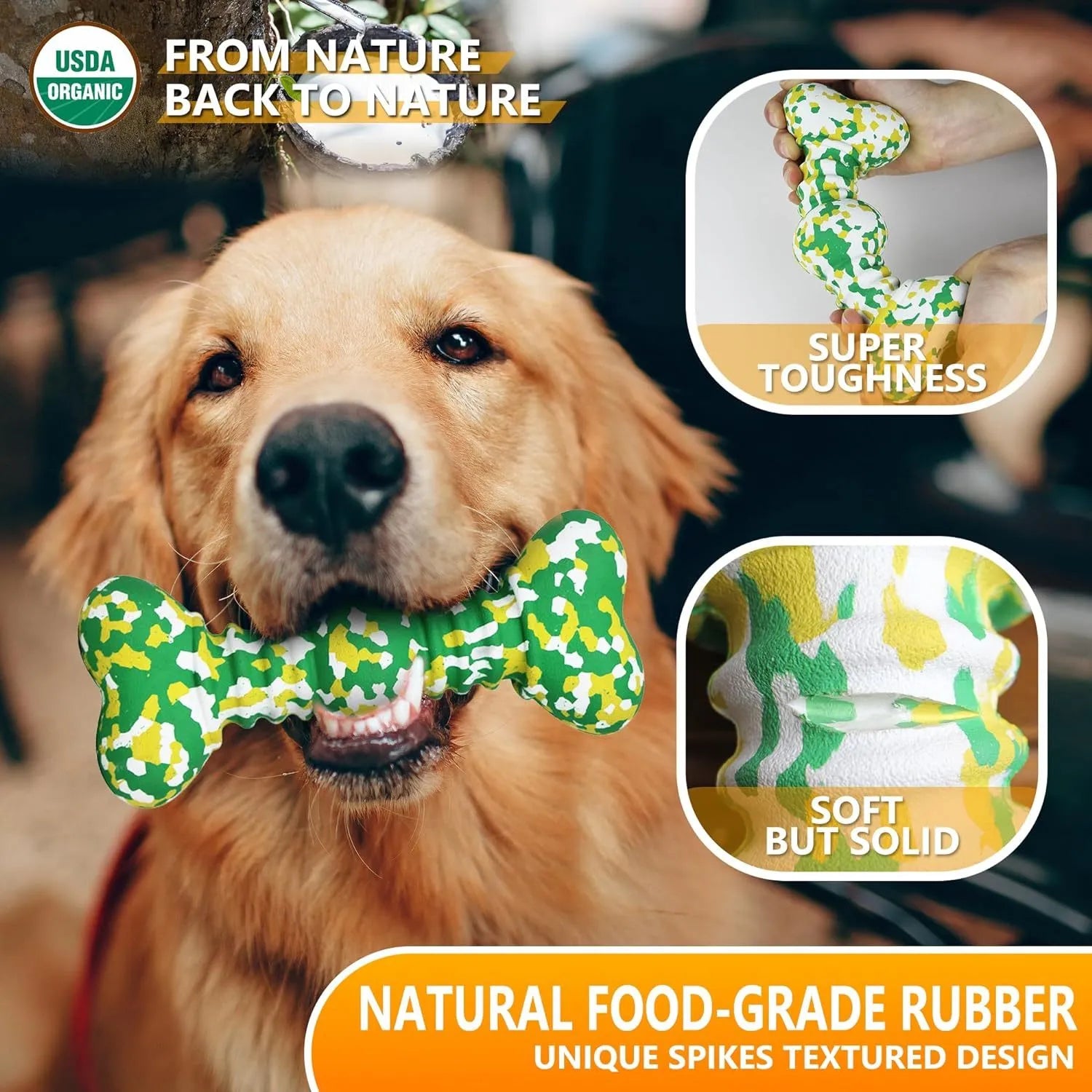Green, white, and yellow camouflage pattern natural rubber dog chew toy for large breeds.