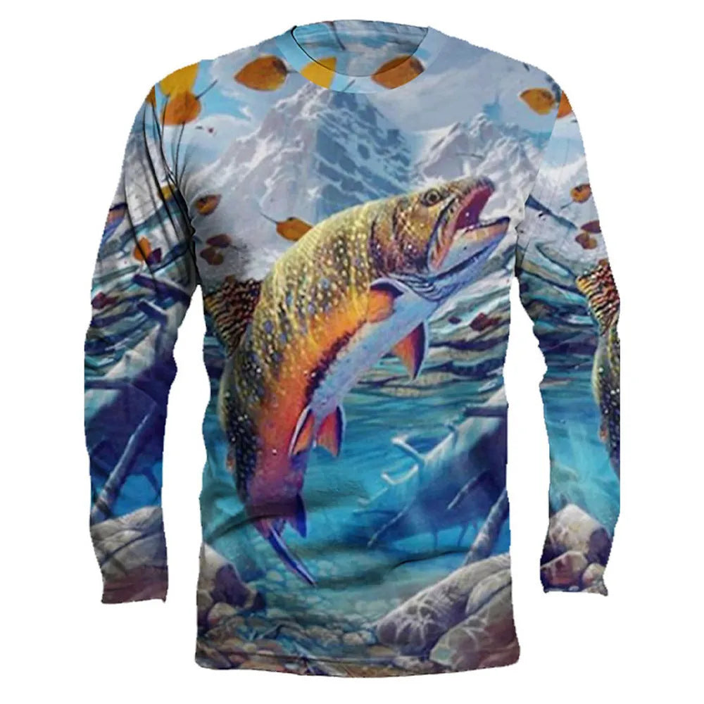 Men's grey pullover with a colourful fish print on the chest, showing round neck and long sleeves.
