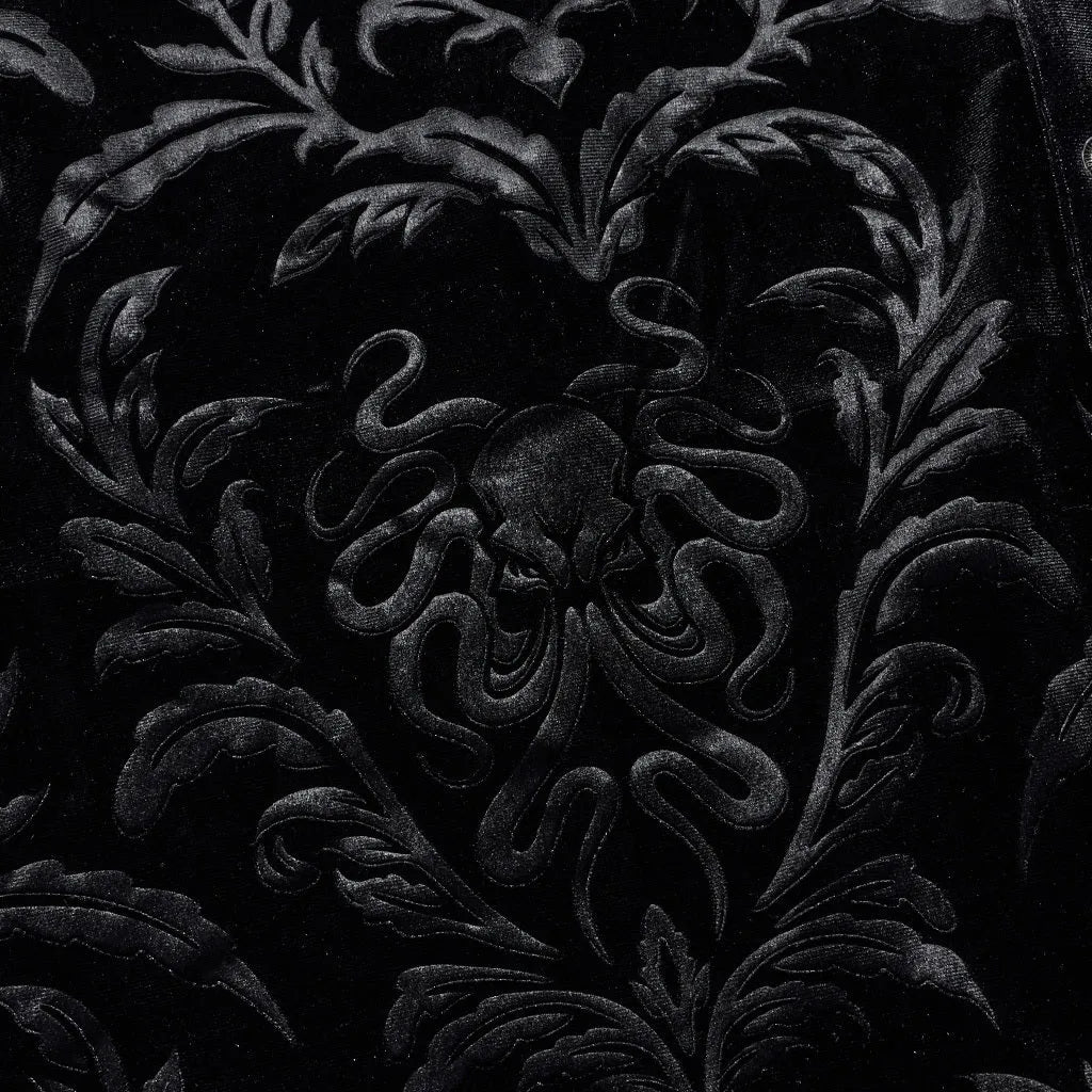 Gothic Court black velvet men's shirt with pointed collar and decorative fasteners