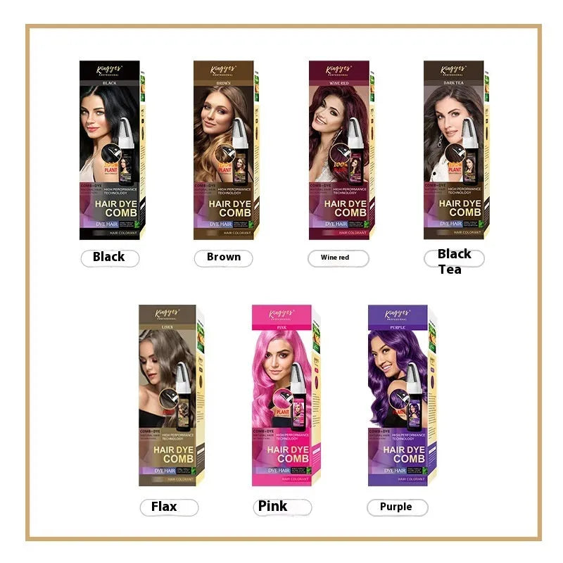 Permanent hair dye kit bottle with attached comb applicator in brown, wine red, or dark brown shade.
