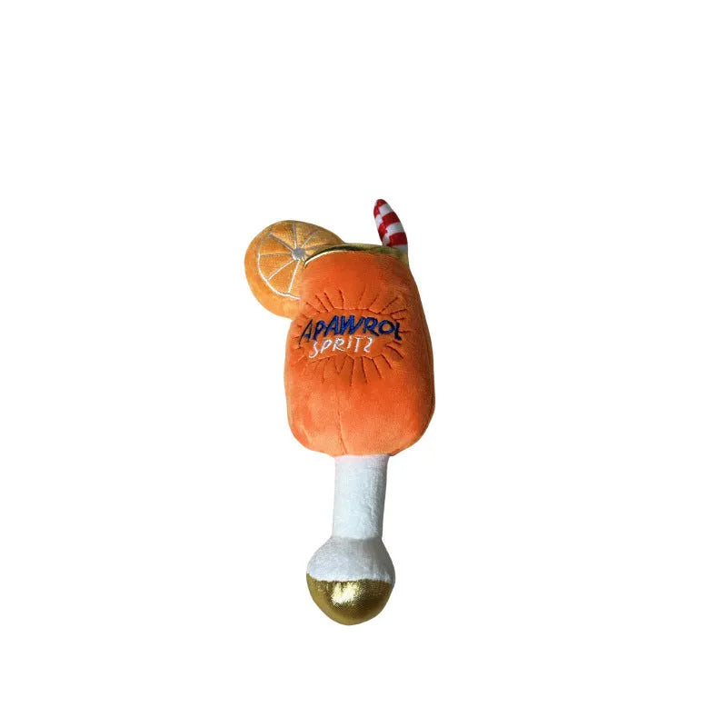 Yellow wine glass shaped plush dog chew toy with squeaker for dental cleaning
