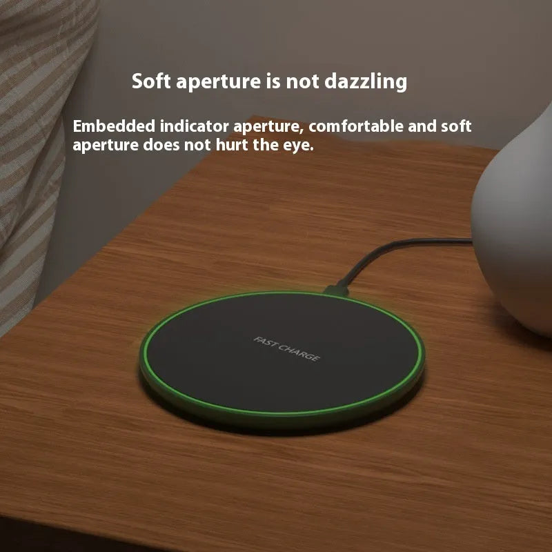 Ultra-thin round wireless charger in white with Type-C cable, 15W fast charging pad for desktop