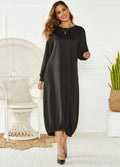 Black lantern dress with lace-up crew neck and loose silhouette casual style