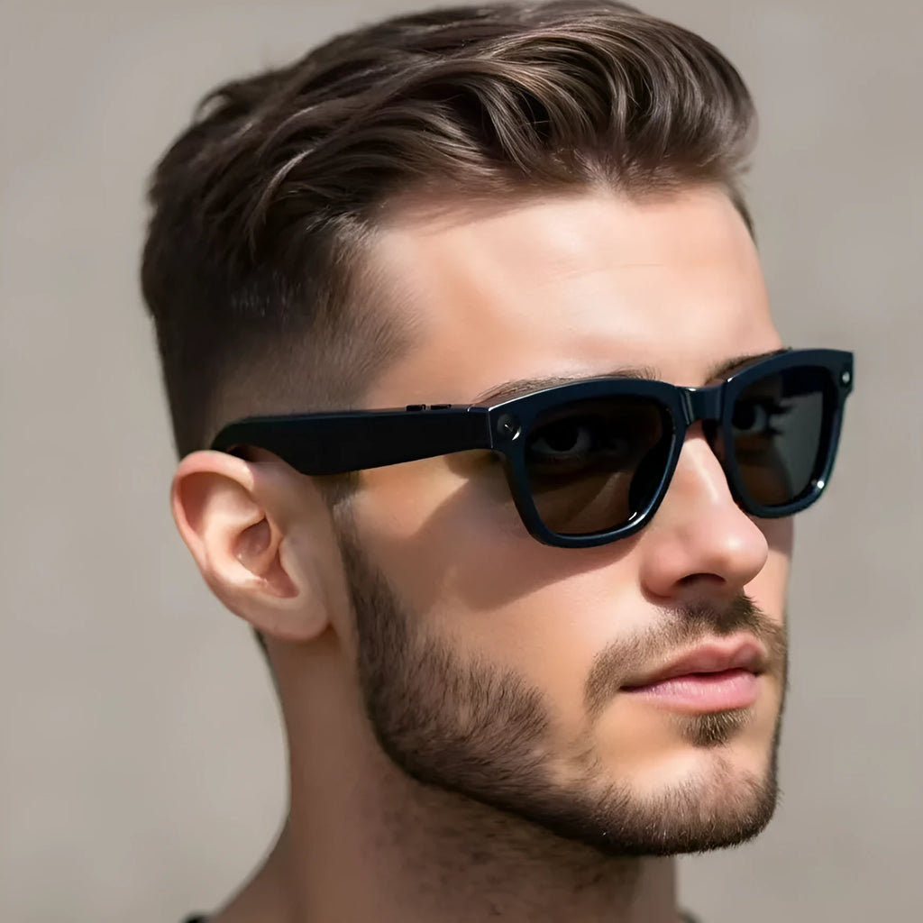 M01 HD camera AI translation intelligent video glasses with black lenses, PC ABS frame, button controls