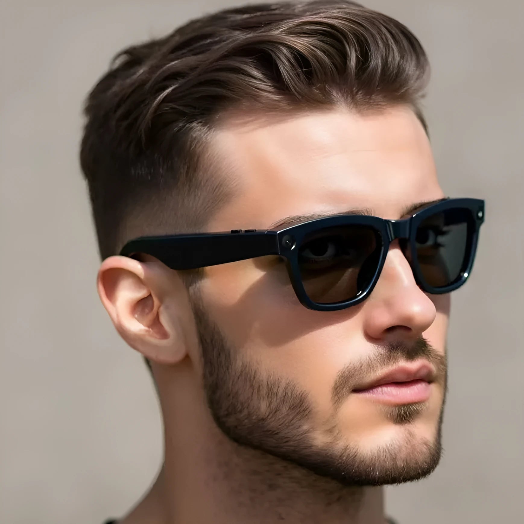 M01 HD camera AI translation intelligent video glasses with black lenses, PC ABS frame, button controls