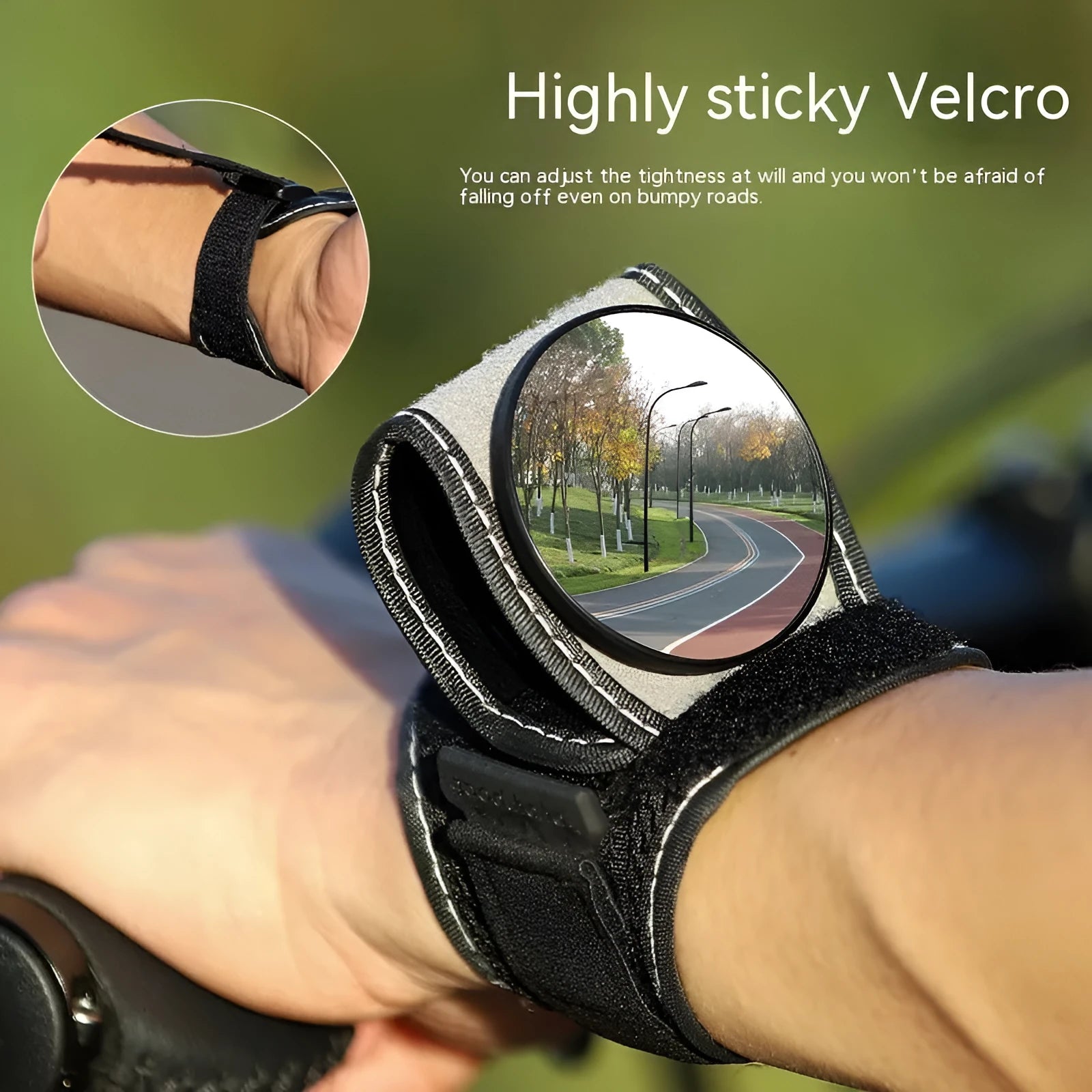 Black nylon bicycle rear-view mirror mounted on handlebars for cycling safety